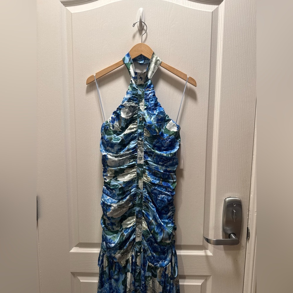 Sonya Moda Nawal Stretch Silk Blue Floral Halter Maxi Dress - size S NWT - Picture 4 of 5